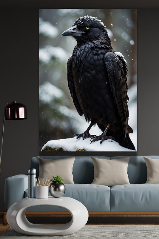 Poster Rabe mit grünem Auge im Winter als Wandkunst über einem grauen Sofa in einem dunklen Wohnzimmer mit Stehlampe und modernem Couchtisch