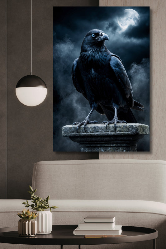 Poster Rabe mit blauen Augen als Wandkunst über einem hellen Sofa vor einer dunklen Strukturwand mit runder Pendelleuchte und modernem Couchtisch.