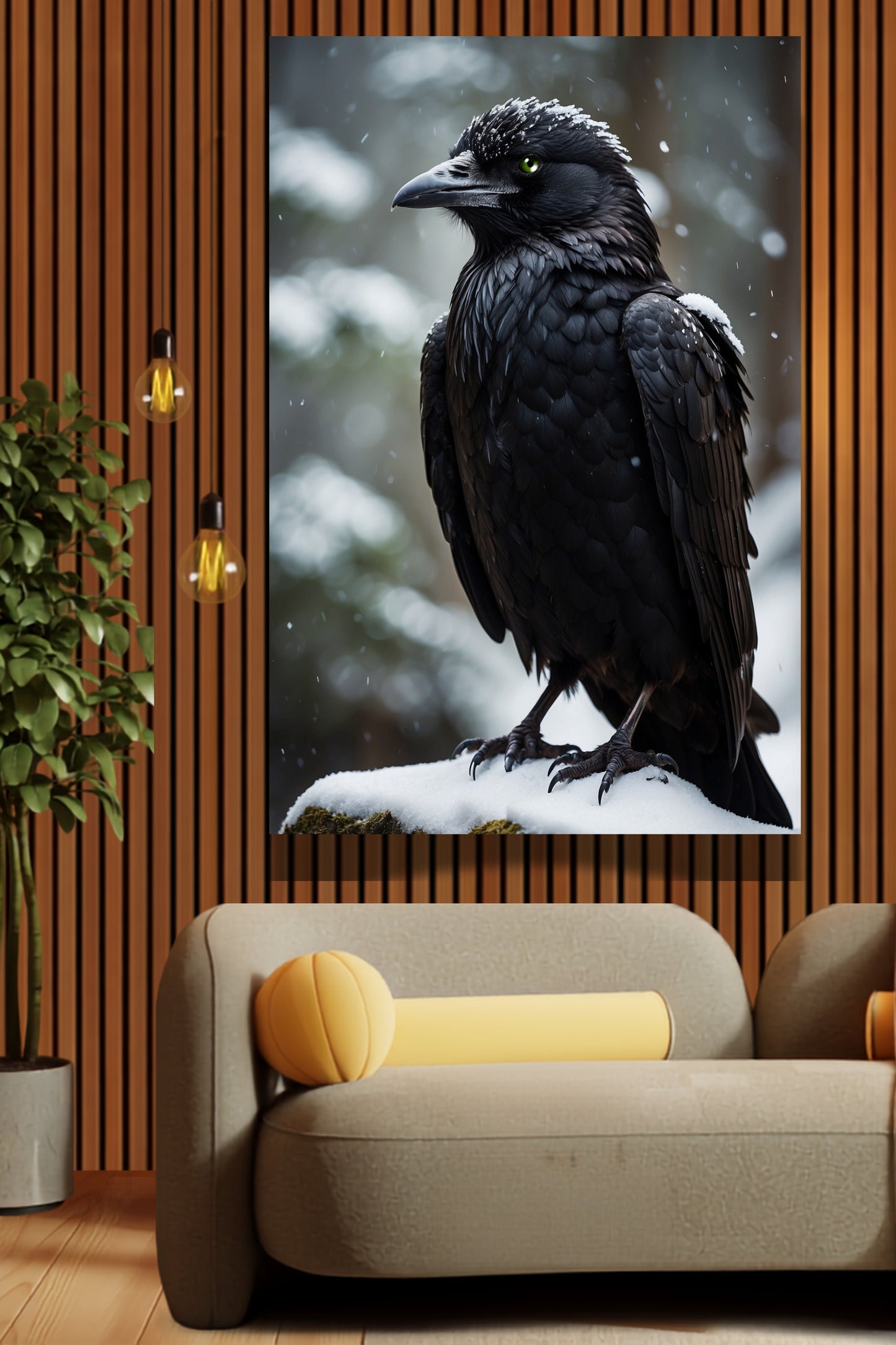 Poster Rabe mit grünem Auge im Winter als Wandkunst über einem beigen Sofa vor einer Holzlamellenwand mit Zimmerpflanze und warmen Hängeleuchten.