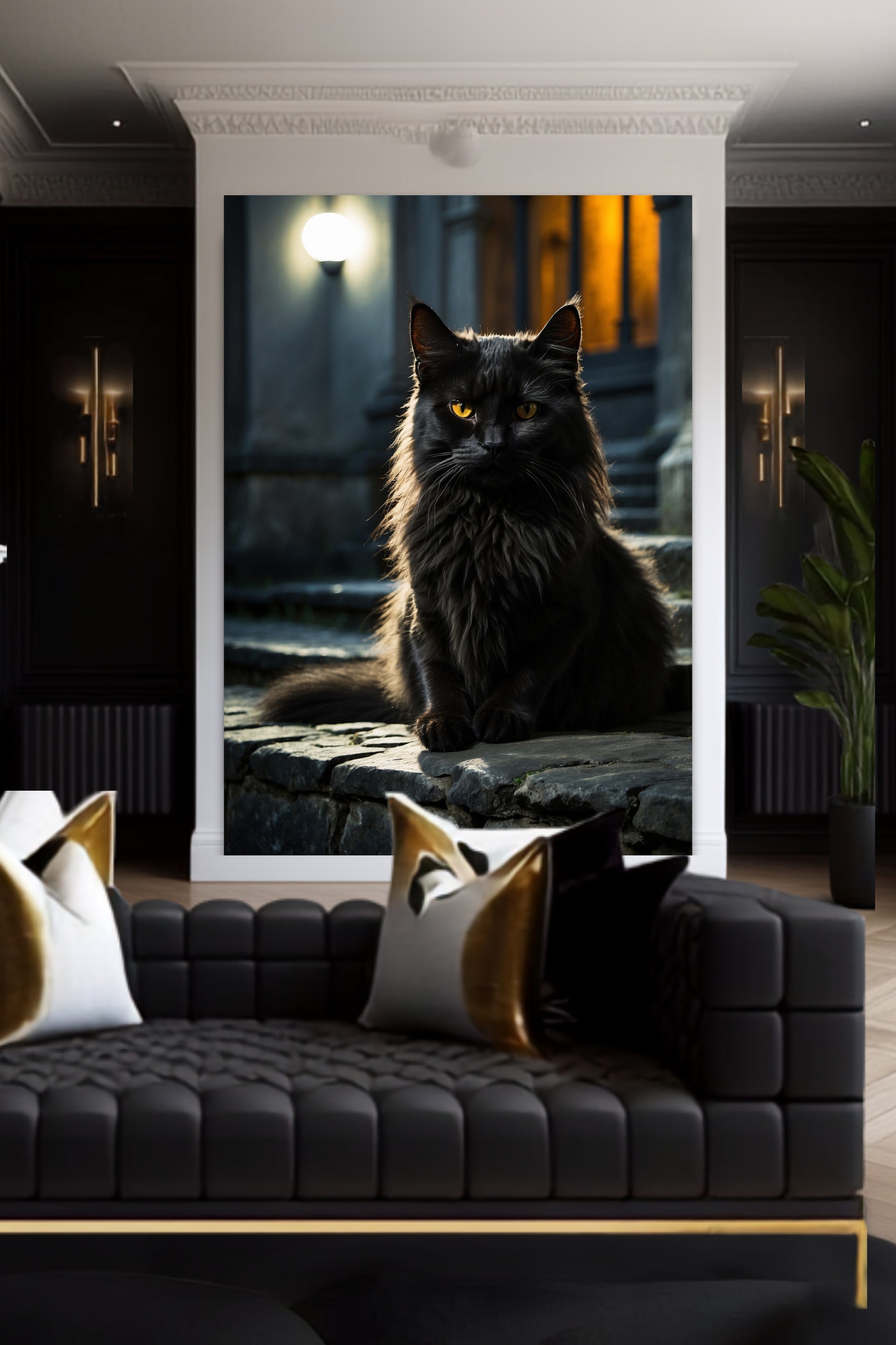 Poster schwarze Katze mit intensivem Blick als Wandkunst über einem schwarzen Sofa in einem eleganten Wohnzimmer mit dunklem Ambiente.
