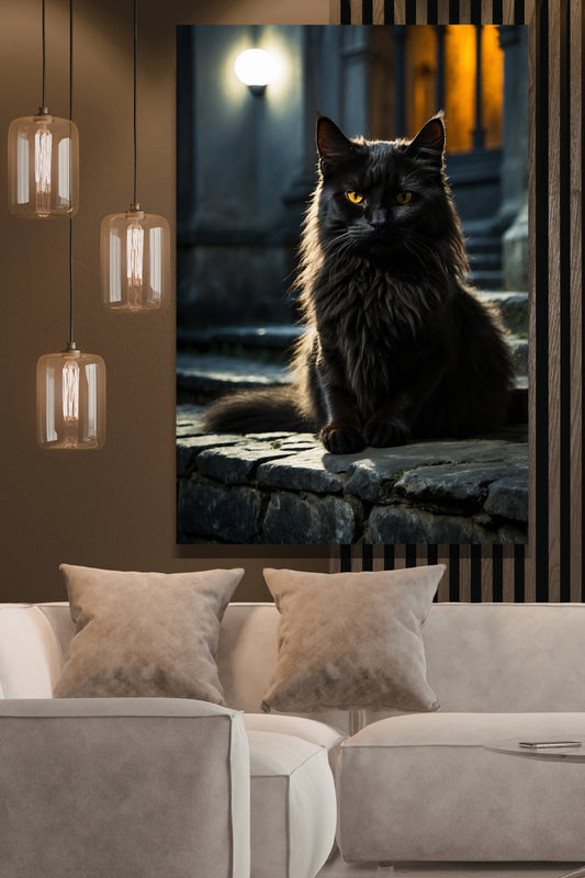 Poster schwarze Katze mit intensivem Blick als Wandkunst über einem hellen Sofa in einem stilvollen Wohnzimmer mit modernen Hängeleuchten, dunkler Akzentwand und warmem Licht.