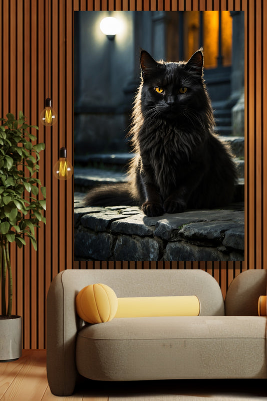 Poster schwarze Katze mit intensivem Blick als Wandkunst über einem modernen Sofa vor einer eleganten Holzlamellenwand mit warmen Pendelleuchten und Zimmerpflanze.