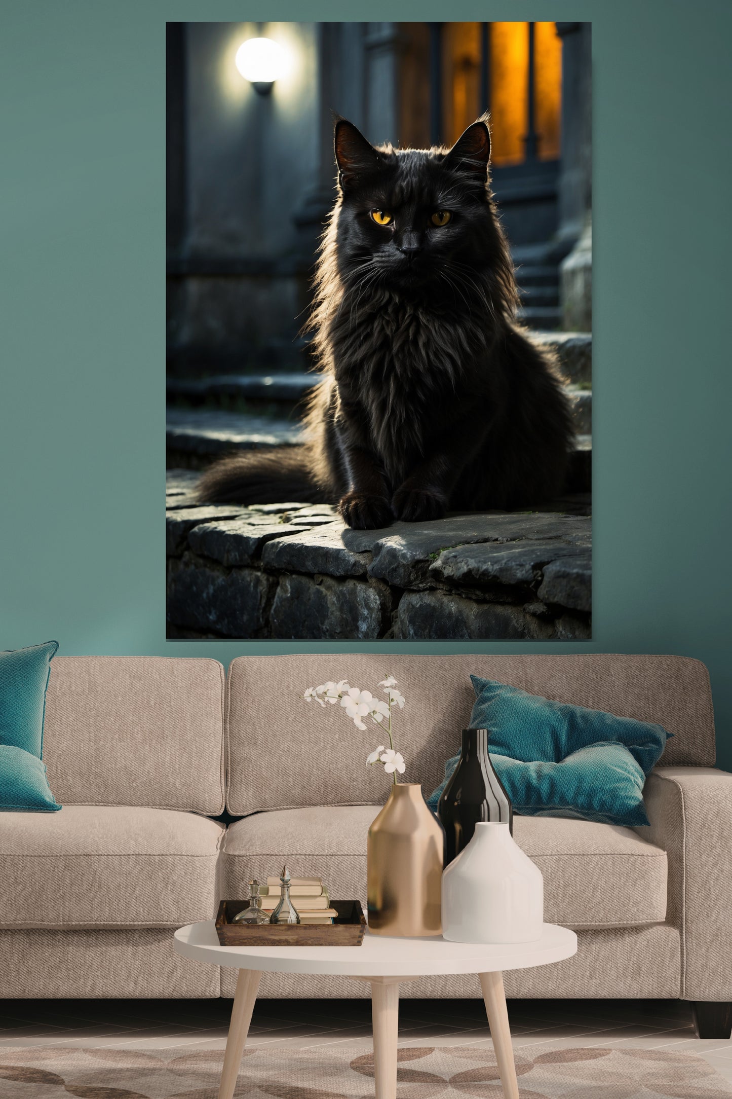 Poster schwarze Katze mit intensivem Blick als Wandkunst über einem hellen Sofa mit türkisfarbenen Kissen in einem modernen Wohnzimmer mit türkisfarbener Akzentwand und dekorativem Couchtisch.