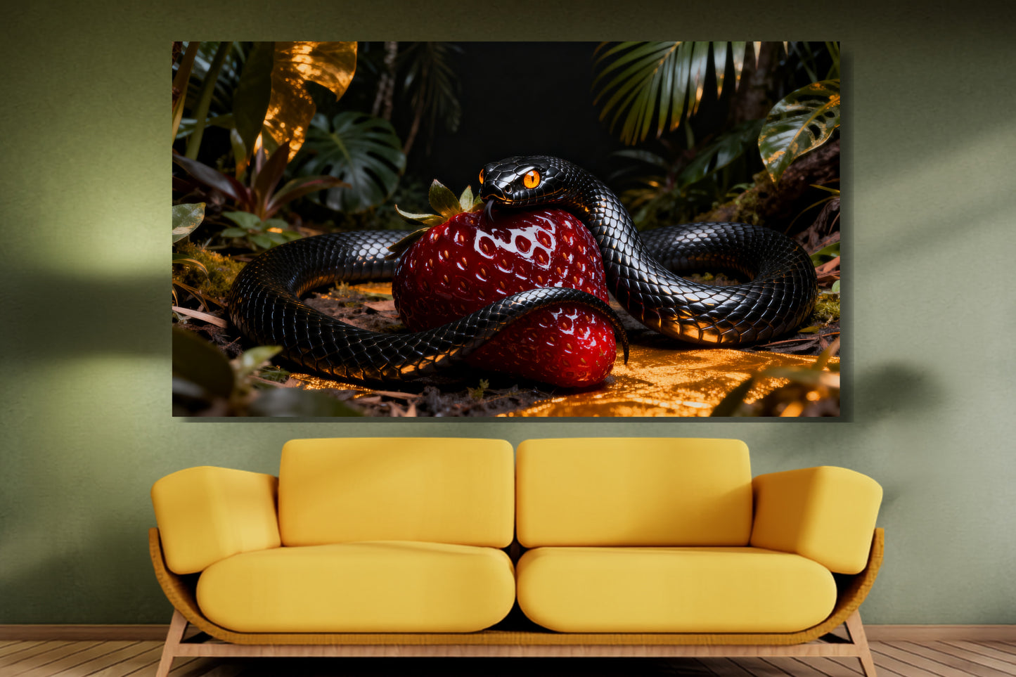 Poster schwarze Schlange um eine leuchtend rote Erdbeere als luxuriöser Blickfang über einem gelben Sofa in einem modernen Wohnzimmer