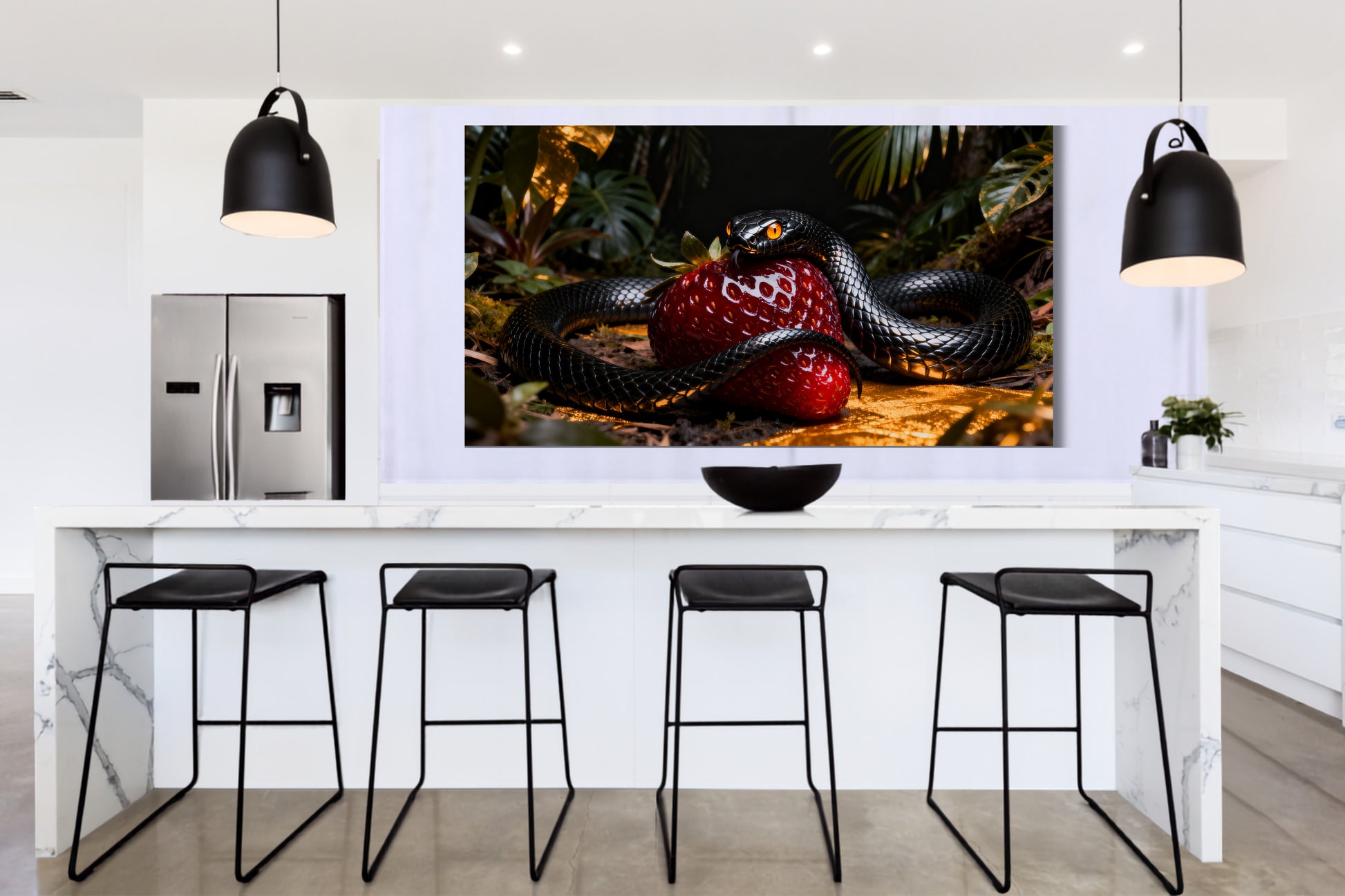 Poster schwarze Schlange mit Erdbeere als stilvoller Blickfang über einer Kücheninsel in einer hellen modernen Designerküche mit marmoriertem Tresen und vier Barhockern