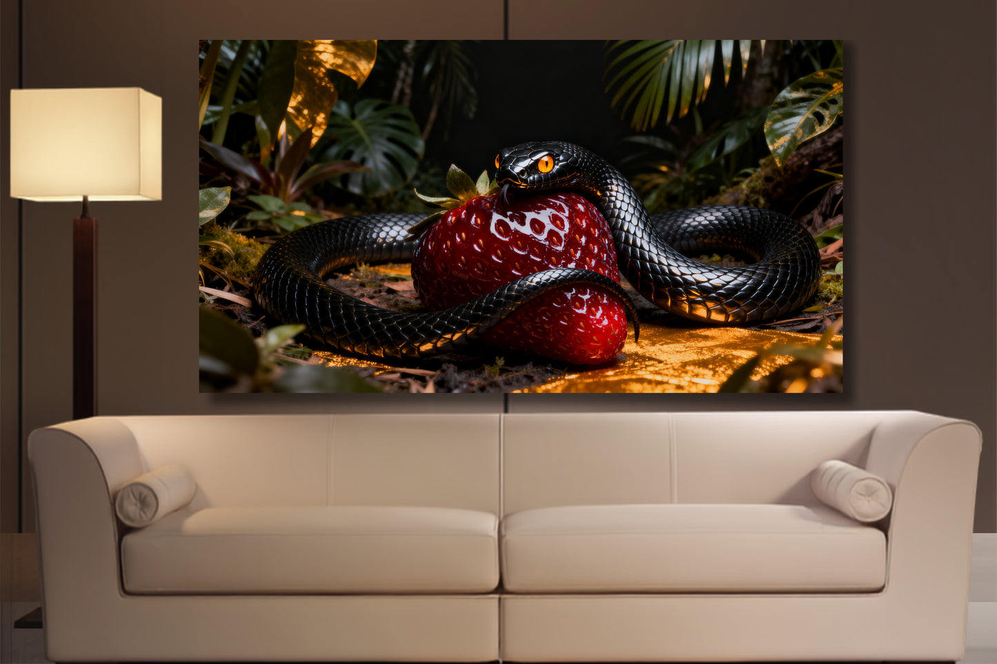 Poster schwarze Schlange um eine leuchtend rote Erdbeere als stilvoller Blickfang über einem hellen Sofa in einem modernen Wohnzimmer