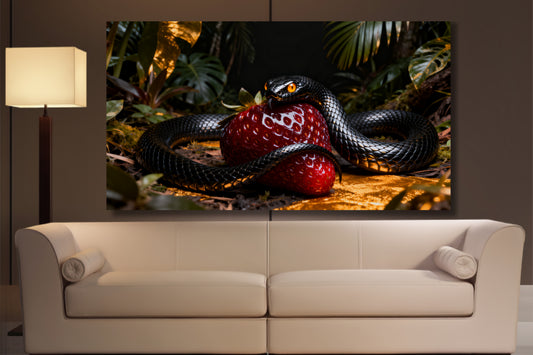 Poster schwarze Schlange um eine leuchtend rote Erdbeere als stilvoller Blickfang über einem hellen Sofa in einem modernen Wohnzimmer