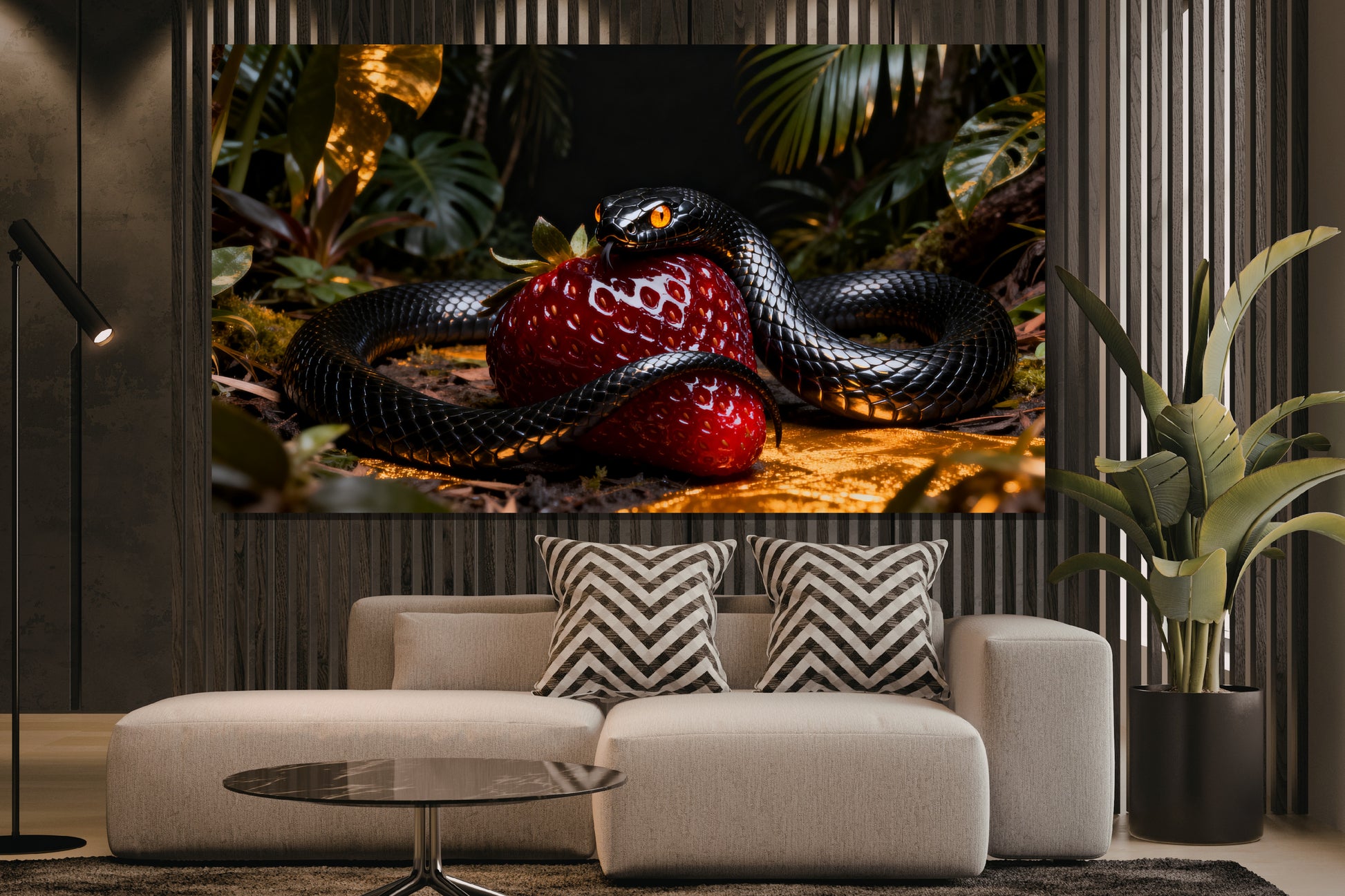 Poster schwarze Schlange um eine leuchtend rote Erdbeere als luxuriöser Blickfang in einem modernen Designer-Wohnzimmer mit dunklen Holzpaneelen