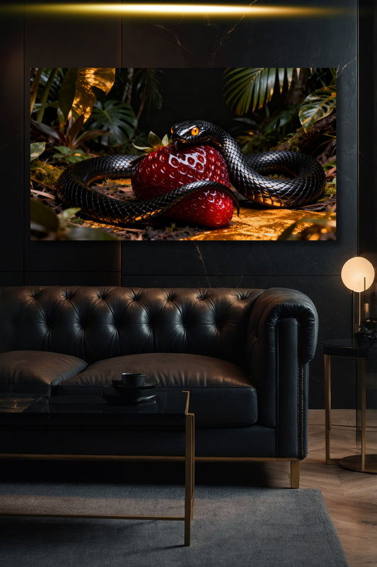 Poster schwarze Schlange um eine leuchtend rote Erdbeere als luxuriöser Blickfang über einem schwarzen Ledersofa im modernen Wohnzimmer