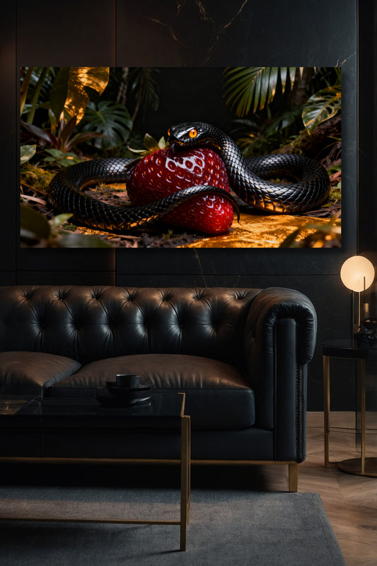 Poster einer schwarzen Schlange mit leuchtend roter Erdbeere als luxuriöser Blickfang über einem schwarzen Ledersofa in elegantem Wohnzimmer