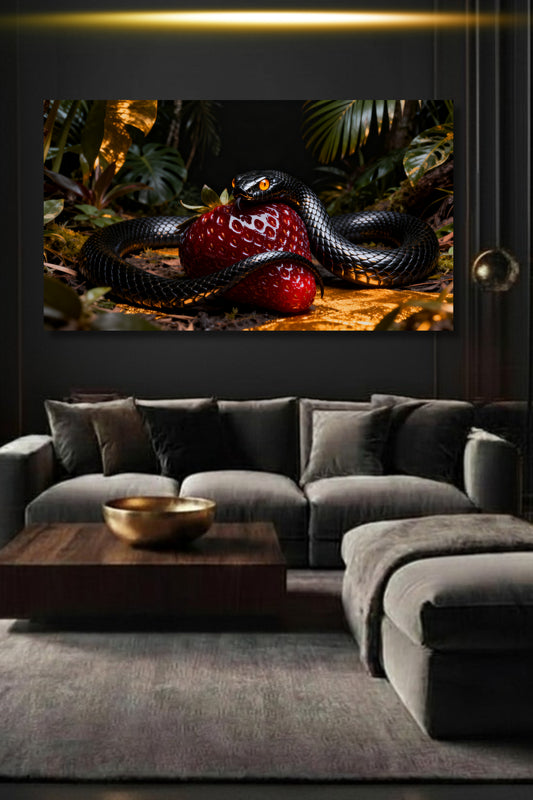 Poster schwarze Schlange mit leuchtender Erdbeere in luxuriöser Lichtstimmung als stilvoller Blickfang über einem modernen Sofa