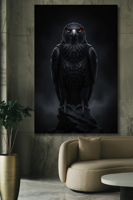 Poster eines schwarzen Falken auf einem dunklen Felsen an einer marmorierten Wand über einem hellen Sofa in einem eleganten Wohnzimmer