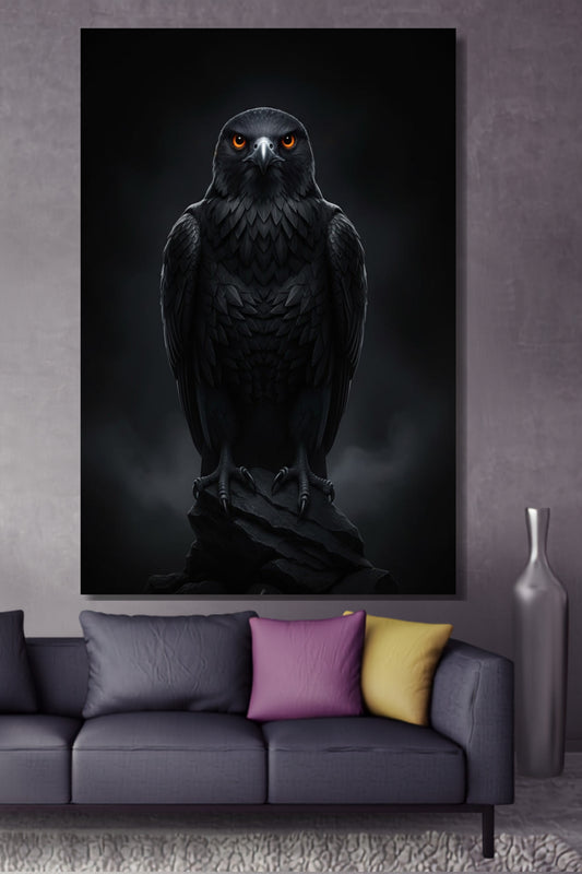 Poster eines schwarzen Falken auf dunklem Felsen auf einer lilafarbenen Wand über einem Sofa in lila mit bunten Kissen in einem modernen Wohnzimmer