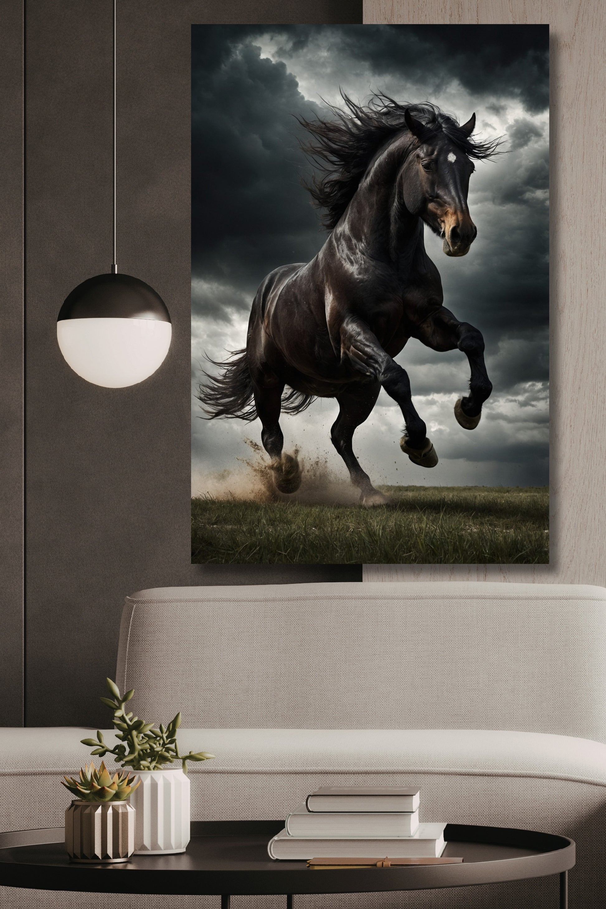 Poster eines schwarzen Hengstes im Sturm an einer grauen Wand neben einer weißen Pendelleuchte über einem weißen Sofa aus Rattan