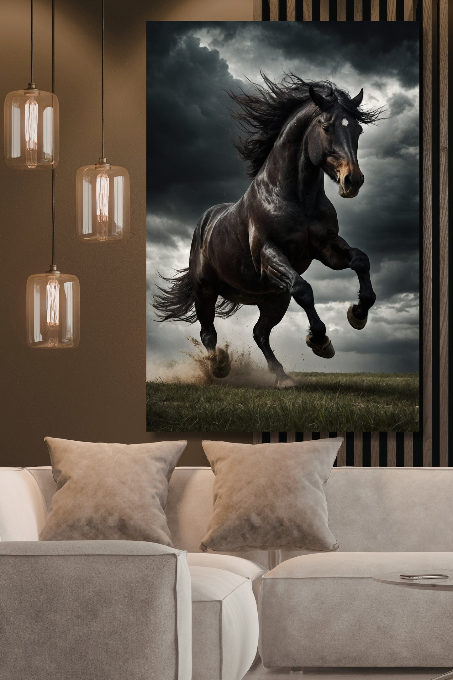 Poster eines schwarzen Hengstes an einer Wand aus Holzpaneelen neben drei Pendelleuchten über einem hellen Ecksofa in einem gemütlichen Wohnzimmer