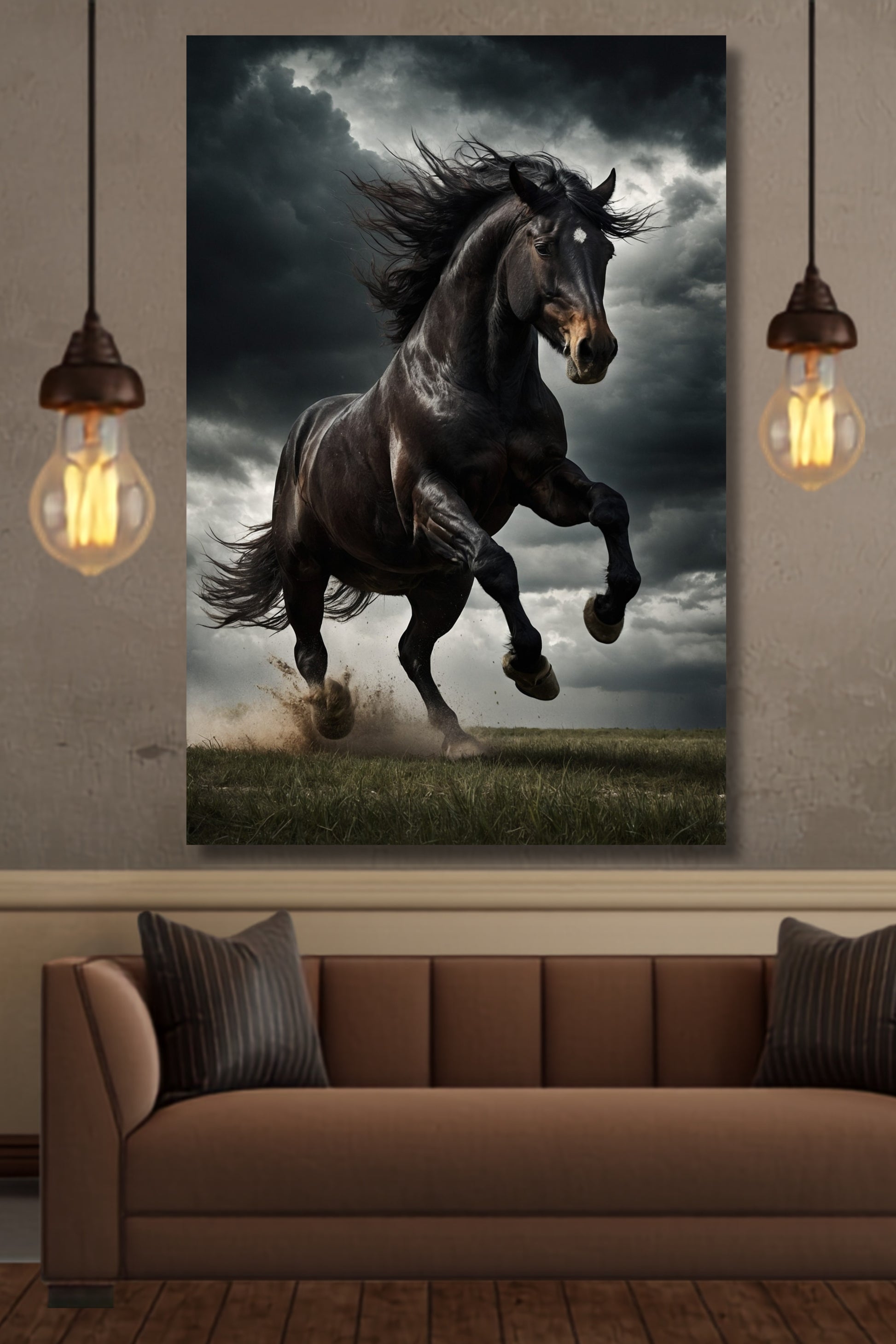 Poster eines schwarzen Hengstes im Sturm an heller Wand über einem braunen Sofa in einem rustikalen Wohnzimmer mit Holzfußoden