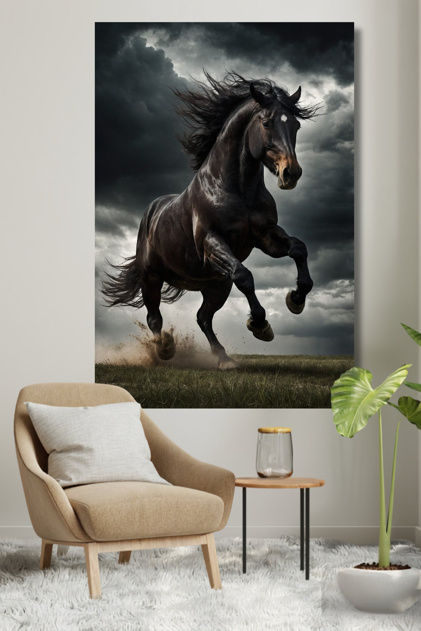 Poster eines schwarzen Hengstes im Sturm an einer weißen Wand über einem hellen Sessel in einem modernen Wohnraum