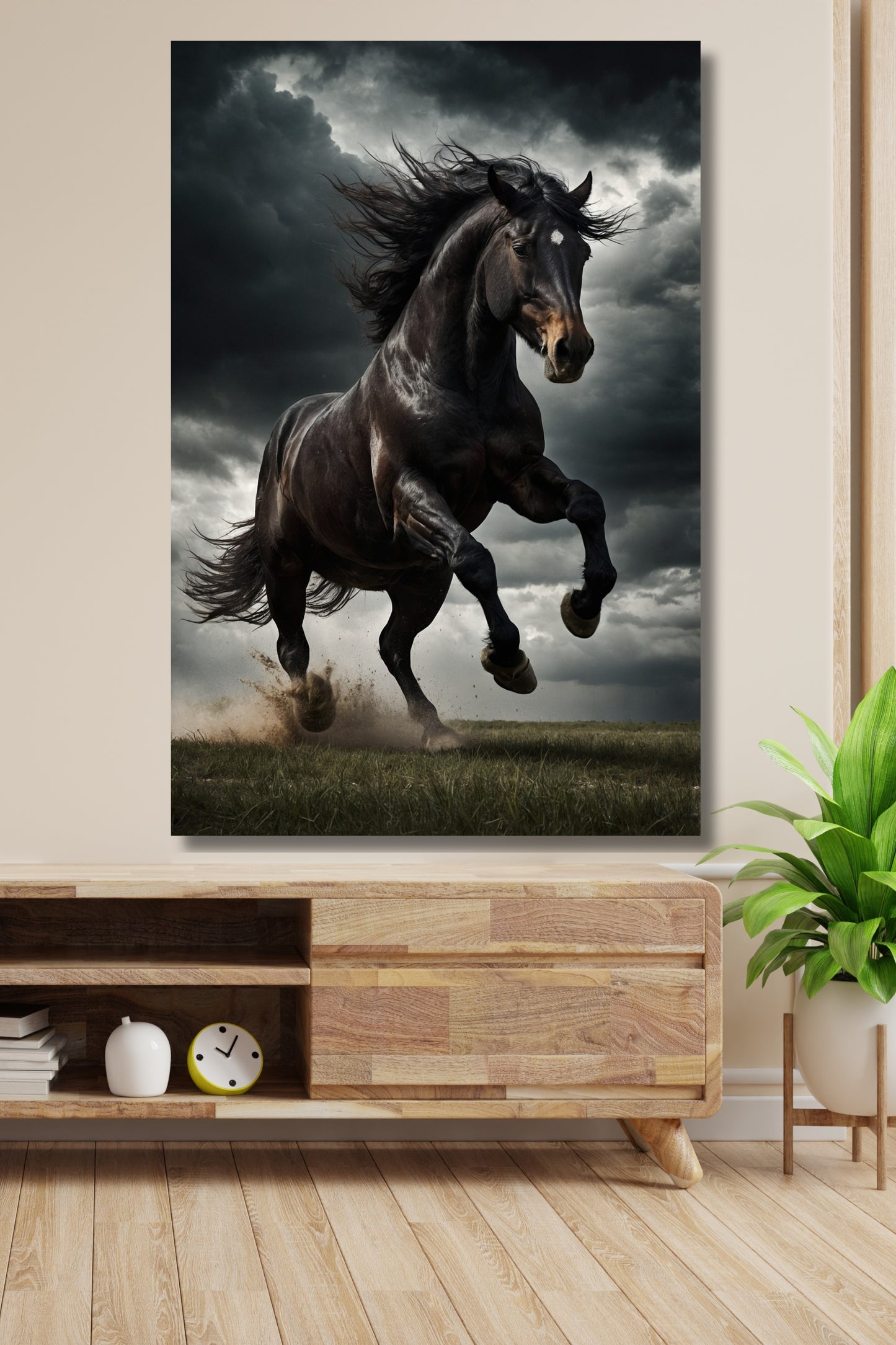 Poster eines schwarzen Hengstes im Sturm an einer hellen Wand über einem Sideboard aus Holz über einem Holzfussboden