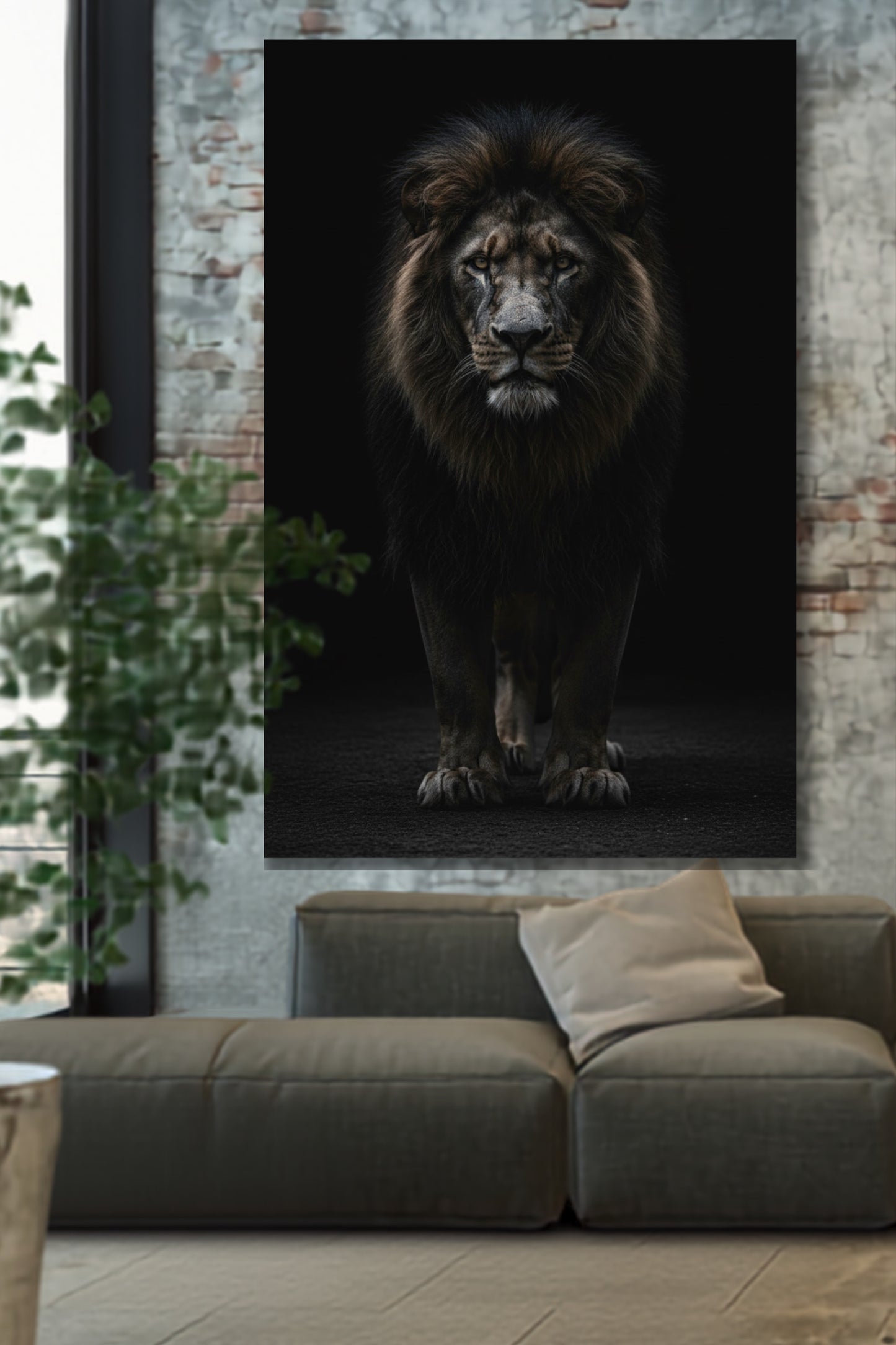 Poster eines schwarzen Löwen im Fokus der Dunkelheit an einer Mauerwand über einem Sofa in einem gemütlichen  Loft