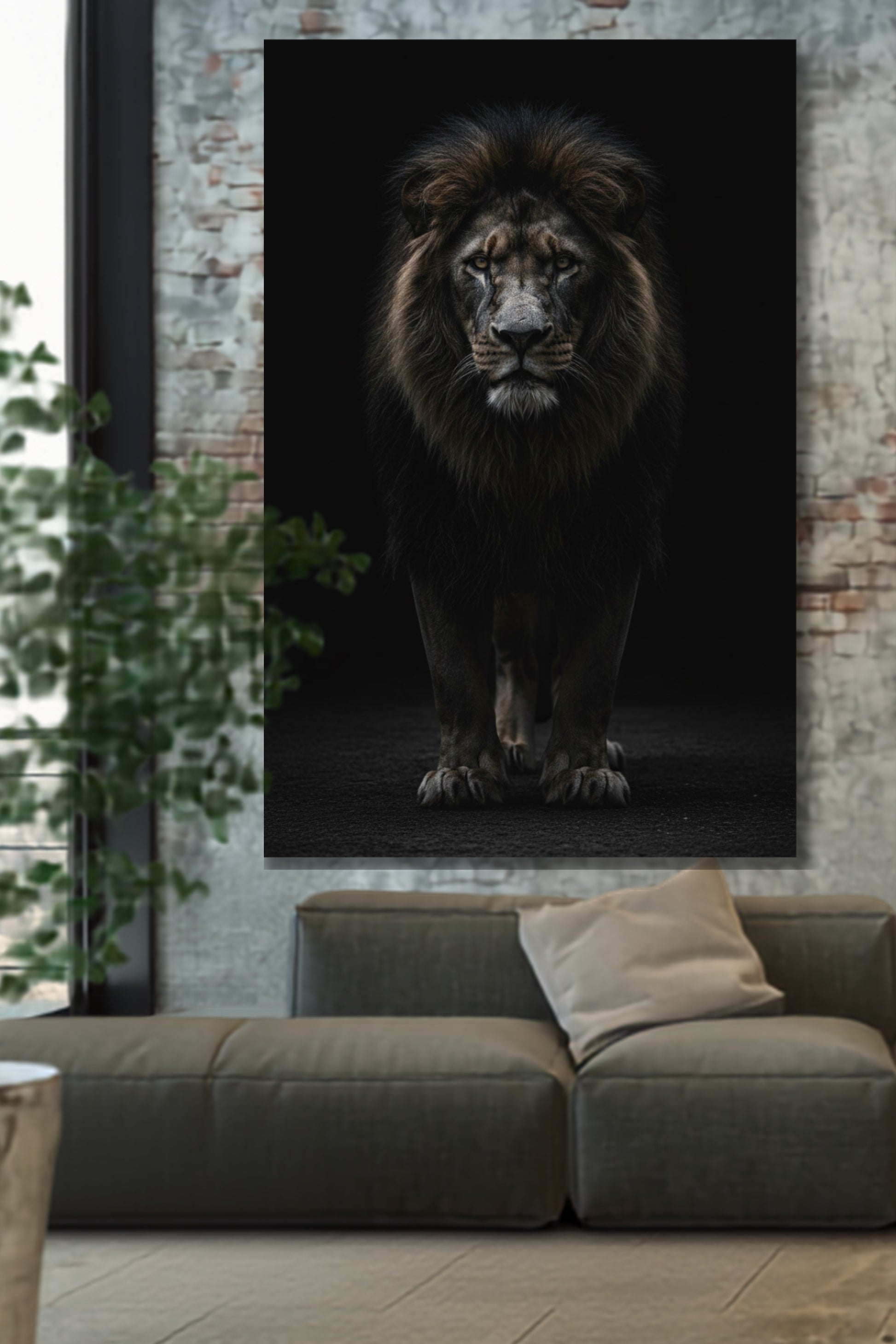 Poster eines schwarzen Löwen im Fokus der Dunkelheit an einer Mauerwand über einem Sofa in einem gemütlichen  Loft
