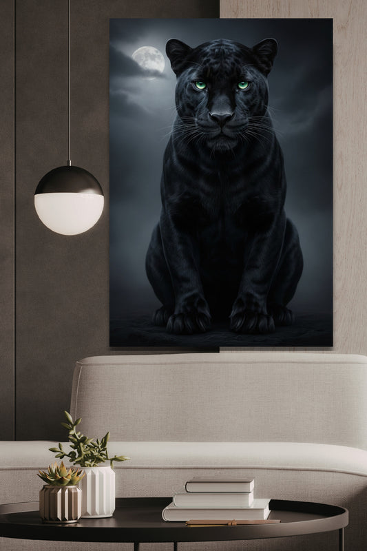 Poster eines schwarzen Panthers mit smaragdgrünen Augen bei Vollmond an dunkler Wand mit heller Pendelleuchte über weißem Sofa