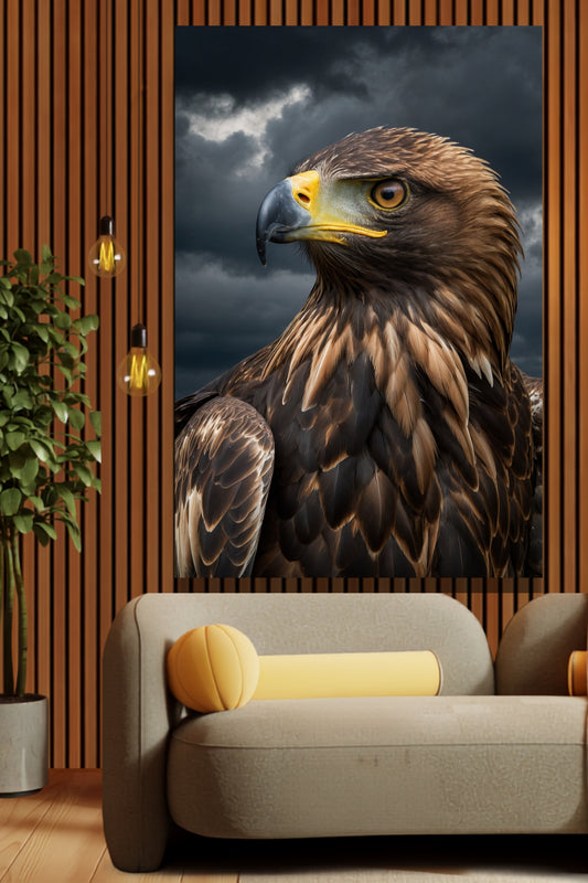 Poster eines Steinadlers mit kraftvollem Blick an einer Wand aus Holzpaneelen über einem hellen Sofa, daneben zwei Pendelleuchten