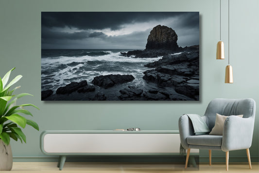 Poster einer Sturmküste mit schwarzen Felsen über einem weißen Sideboard in einem modernen Wohnzimmer mit hellblauer Wand, graublauem Sessel, Zimmerpflanze und zwei goldfarbenen Pendelleuchten.