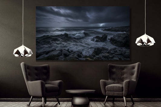 Poster Sturmmeer bei Nacht an dunkler Wand über zwei grauen Stühlen, kleinem Tisch und zwei silberfarbenen Pendelleuchten