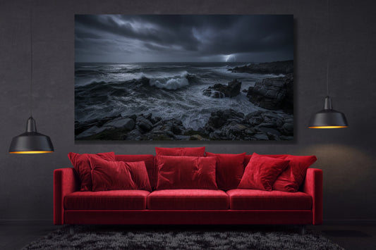 Poster Sturmmeer bei Nacht an dunkler Wand mit zwei Pendelleuchten über einem roten Sofa