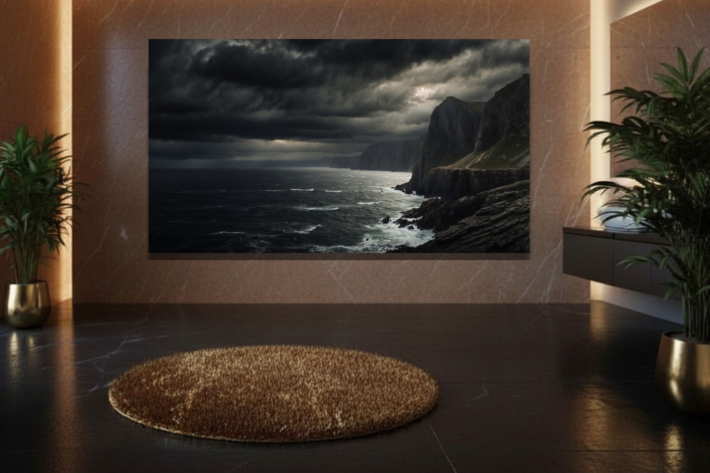 Poster einer atmosphärischen Meereslandschaft mit Felsen und Brandung als hochwertiges Wandbild in elegantem Badezimmer