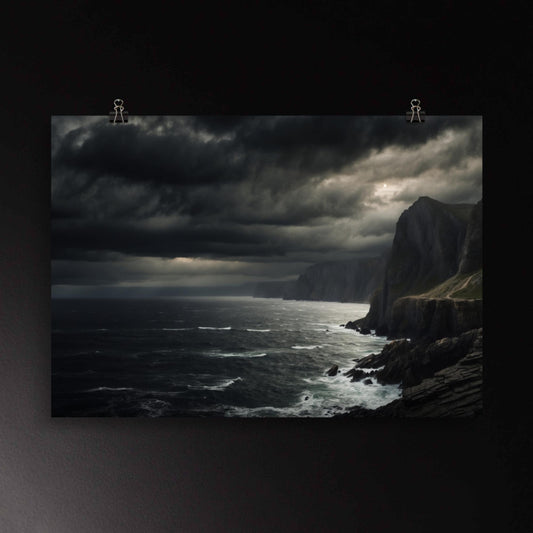 Dunkle Meereslandschaft mit Felsen und ruhiger Brandung bei Nacht – atmosphärisches Poster als hochwertige Wandkunst
