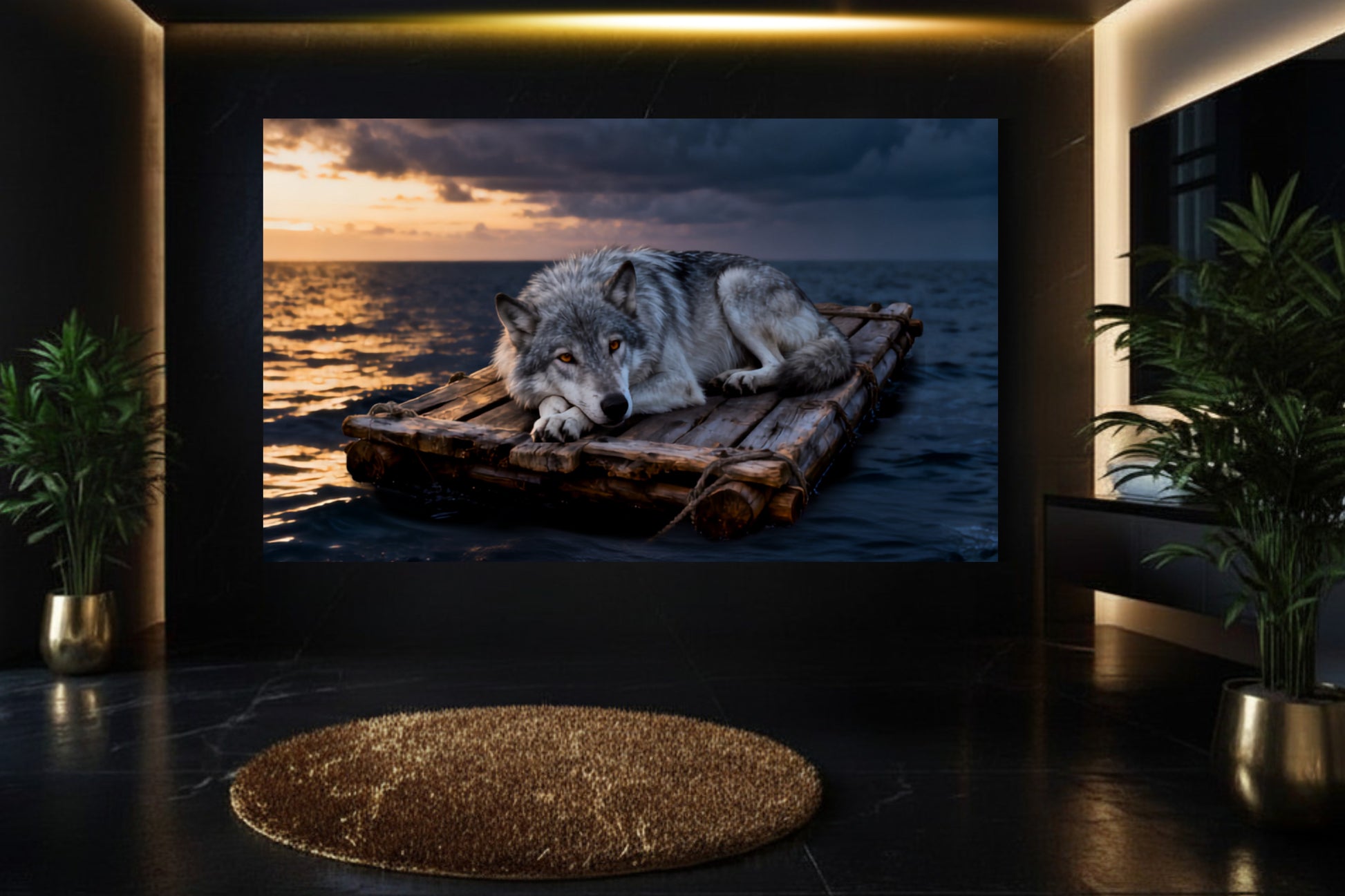 Poster Wolf auf treibendem Floß im warmen Abendlicht in stilvollem Badezimmer mit Goldakzenten