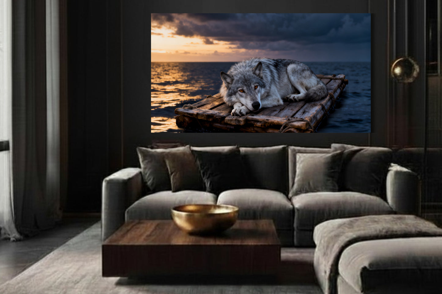 Poster Wolf auf treibendem Floß im warmen Abendlicht als stilvolles Wohnbeispiel über einem grauen Ecksofa in elegantem Wohnzimmer