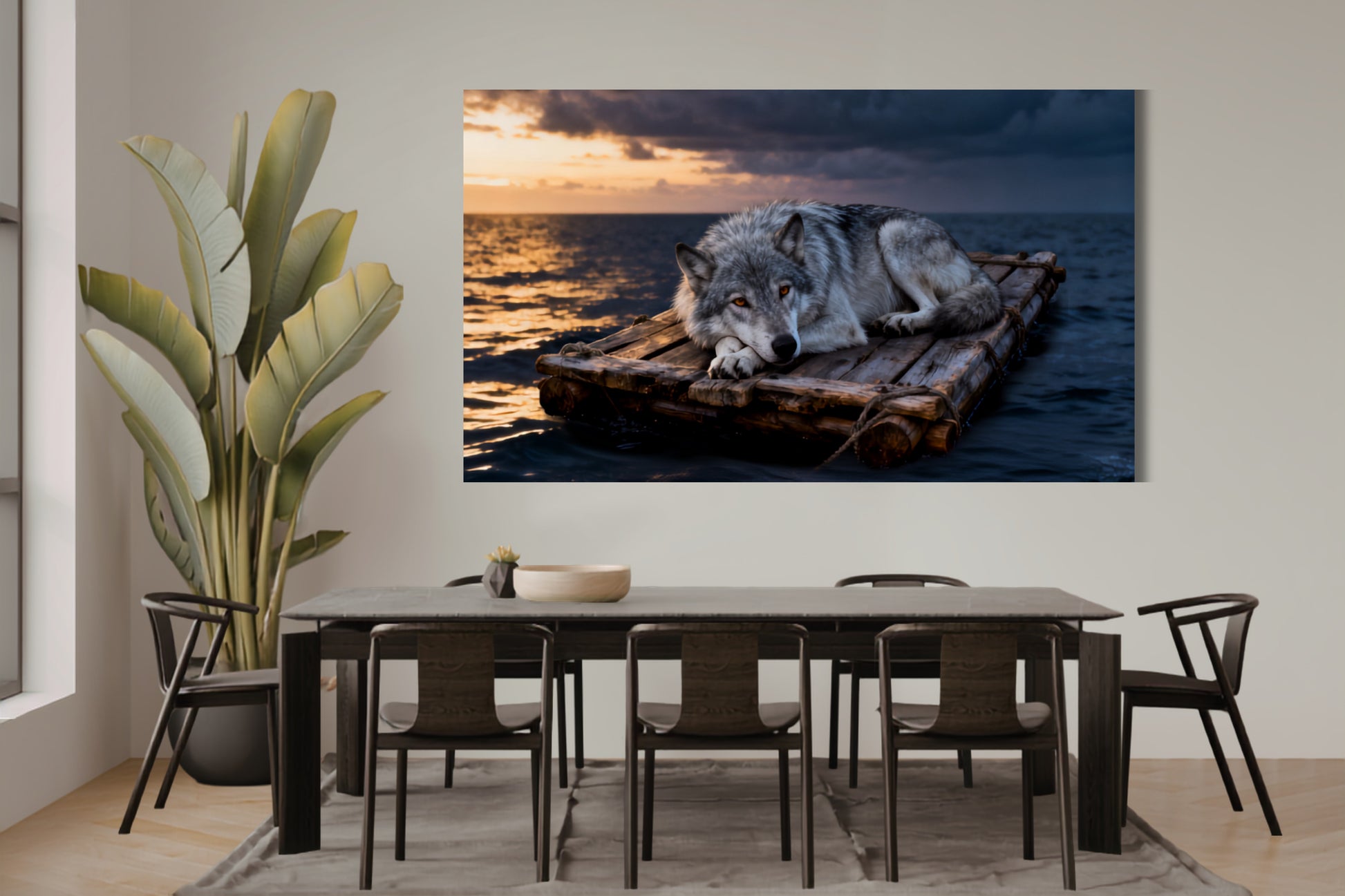 Poster Wolf auf treibendem Floß im warmen Abendlicht im modernen Esszimmer
