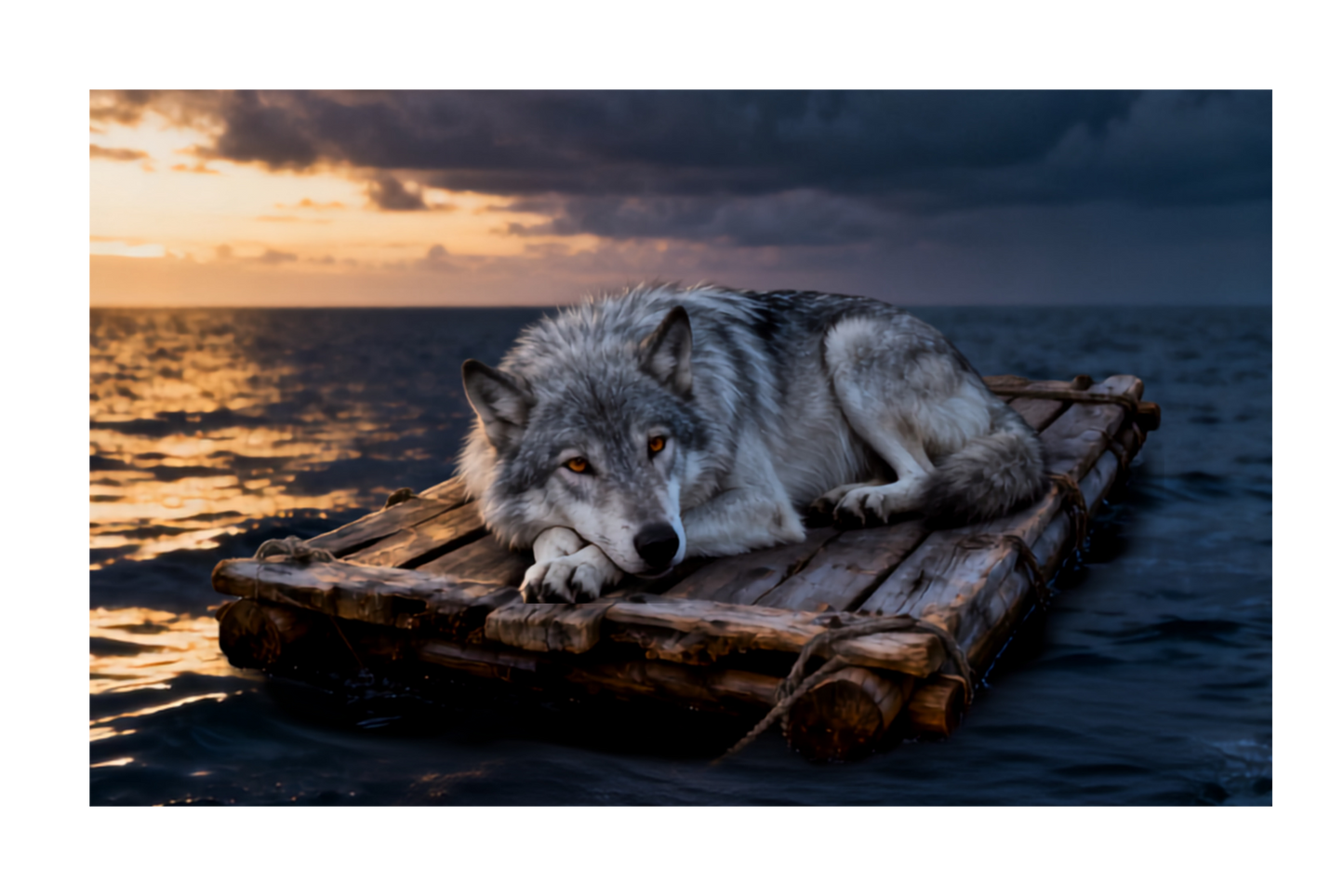 Poster Wolf auf treibendem Floß im warmen Abendlicht als freigestelltes Motiv mit transparentem Hintergrund.