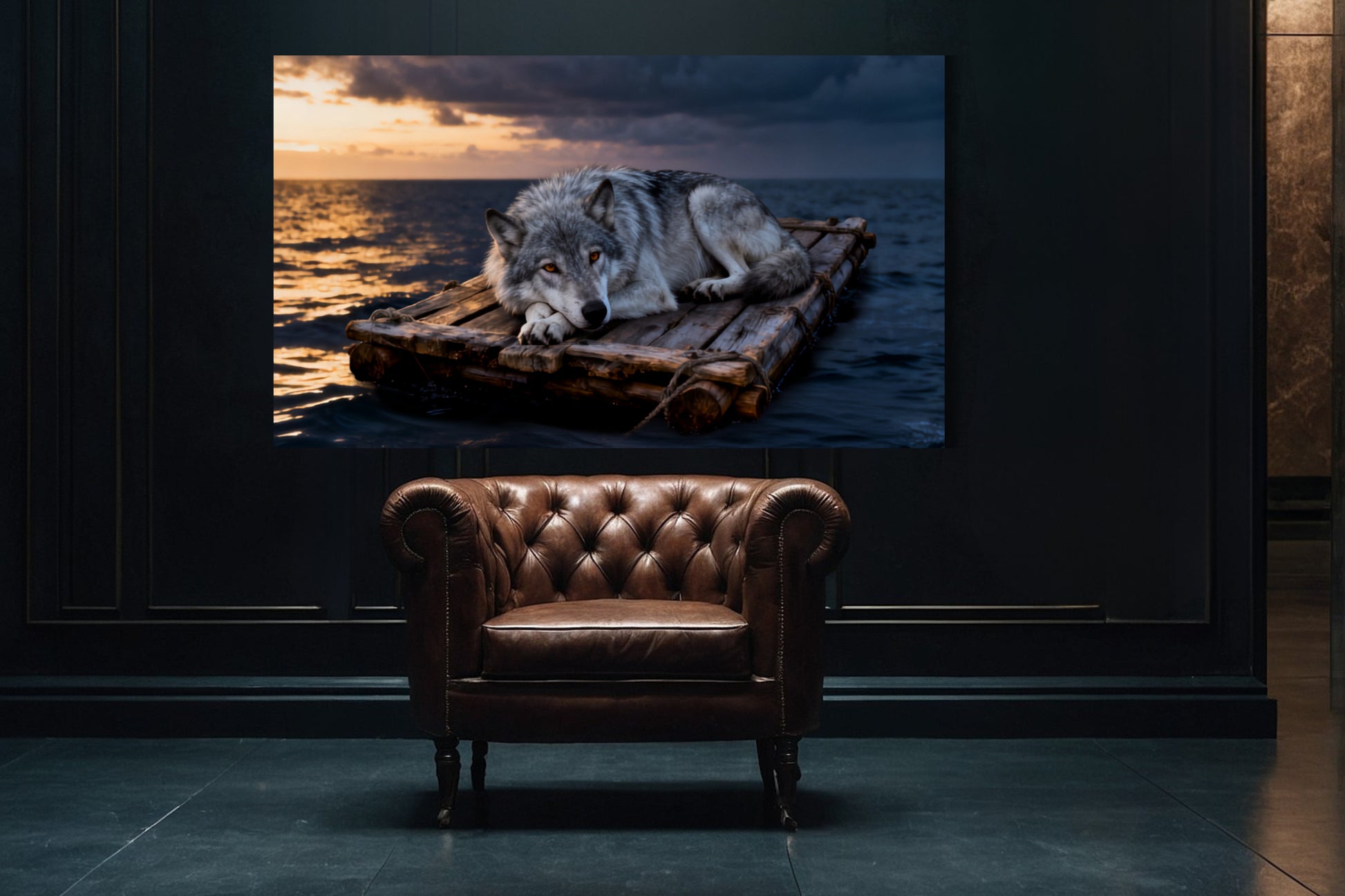 Poster Wolf auf treibendem Floß im warmen Abendlicht als stilvolles Wohnbeispiel in eleganter Galerie mit Ledersessel