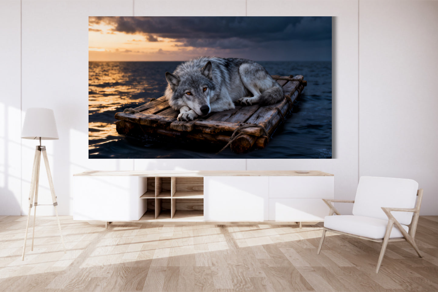 Poster Wolf auf treibendem Floß im warmen Abendlicht als Wandkunst über einem weißen Sideboard in einem hellen, modernen Wohnzimmer.