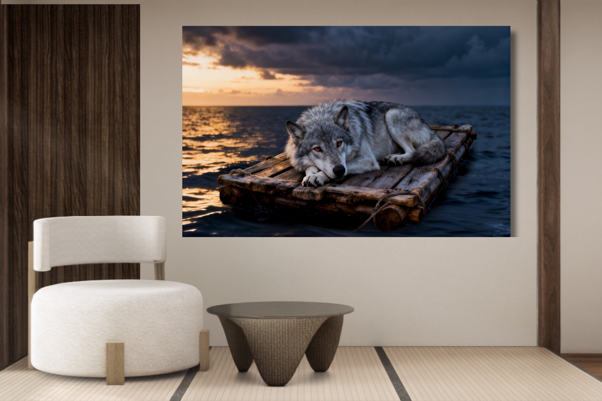 Poster Wolf auf treibendem Floß im warmen Abendlicht als stilvolles Wohnbeispiel im modernen Loungebereich