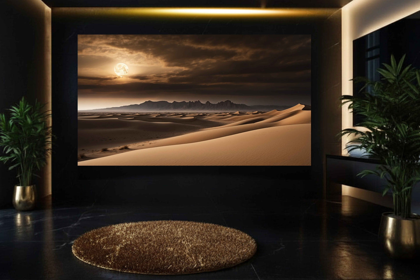 Großformatiges Poster einer Wüstenlandschaft im Vollmondlicht in stilvollem Badezimmer mit dunkler Wand und Goldakzenten 