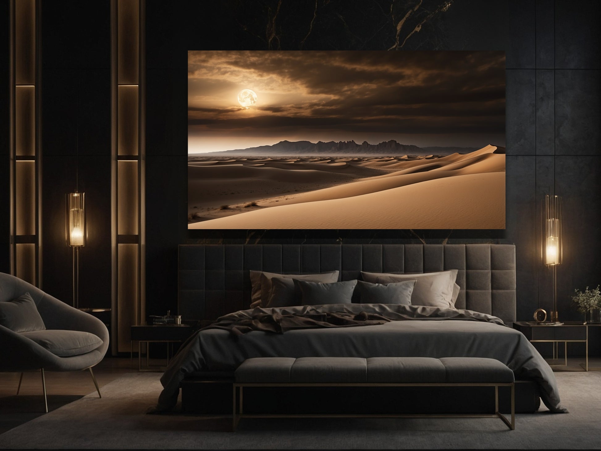 Wüstenlandschaft Poster im Vollmondlicht über einem Bett in stilvollem Schlafzimmer 