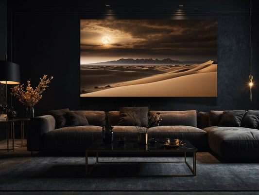 Poster einer warmen Wüstenlandschaft im Vollmondlicht in elegantem  Wohnzimmer über einem Sofa mit warmer Beleuchtung