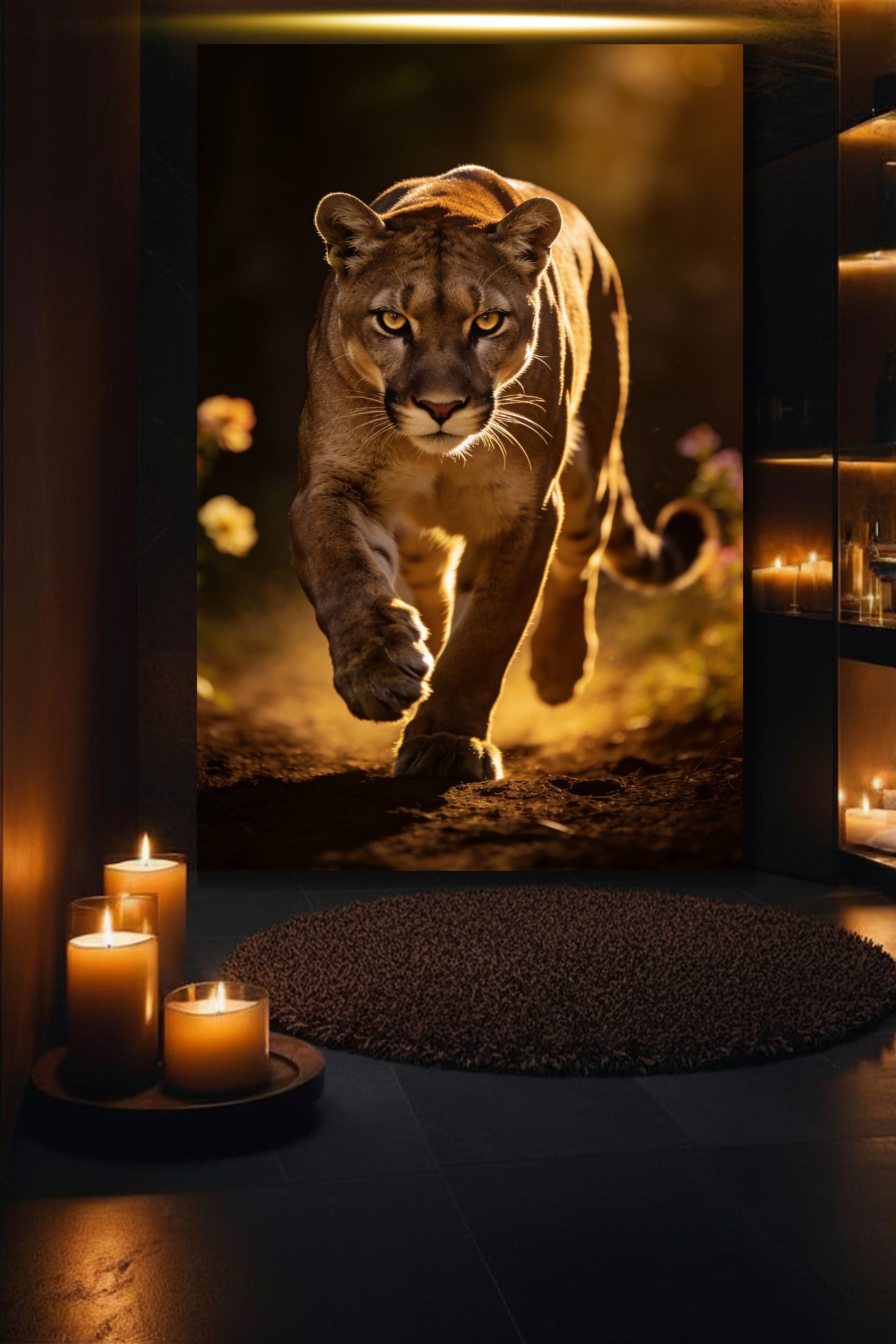 Puma Leinwand in luxuriösem Badezimmer mit warmer Lichtstimmung und dynamischer Ausstrahlung