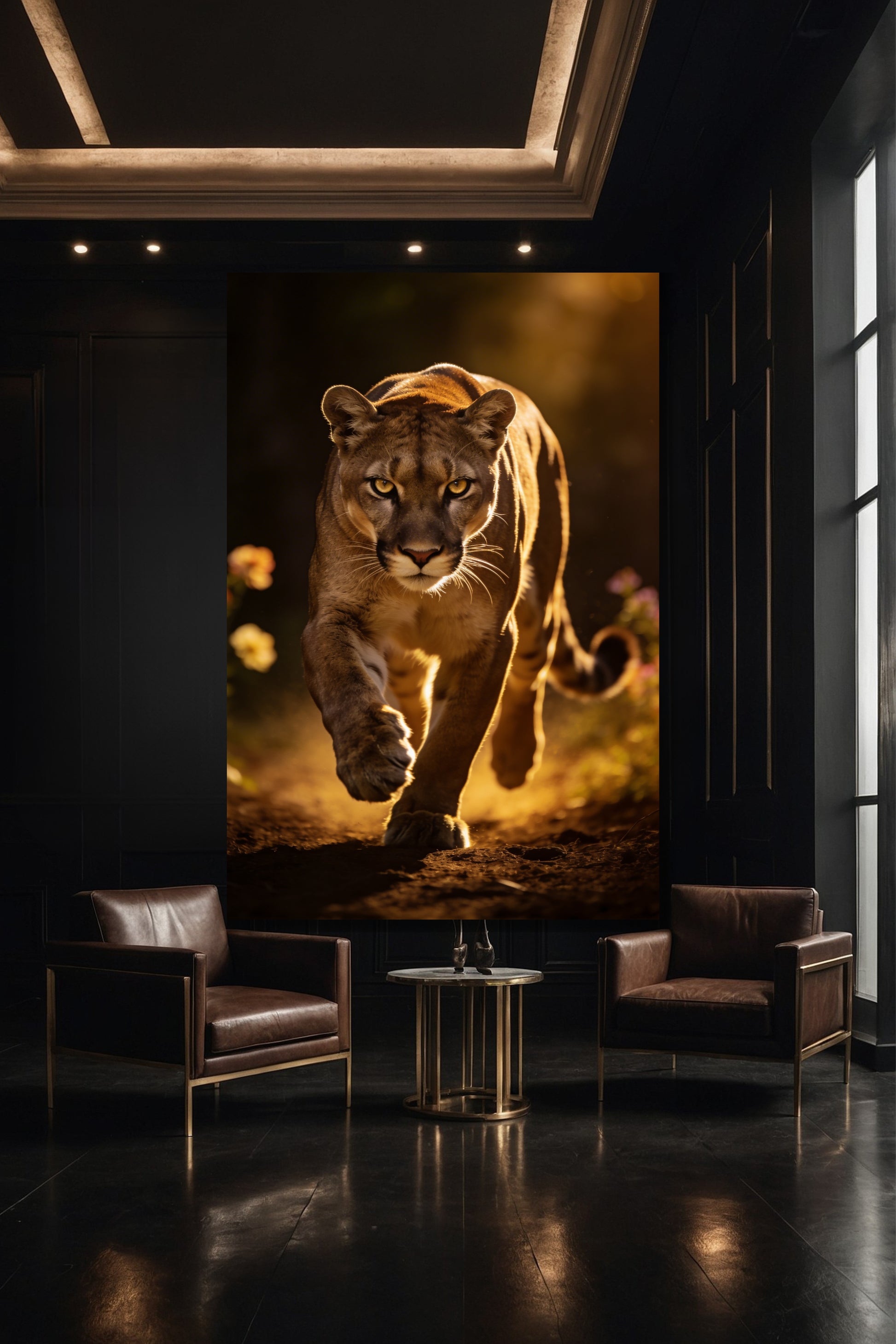 Puma Leinwand als Wandkunst in moderner Galerie mit Fokus auf Bewegung und Licht