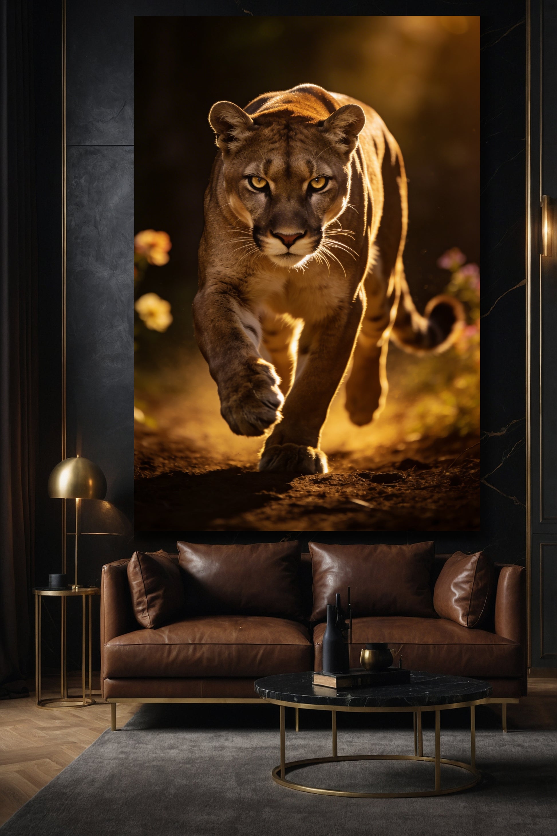 Puma Leinwand in elegantem Wohnzimmer über einem Ledersofa, dunkler Wand starker Präsenz