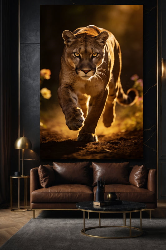 Puma Leinwand in elegantem Wohnzimmer über einem Ledersofa, dunkler Wand starker Präsenz