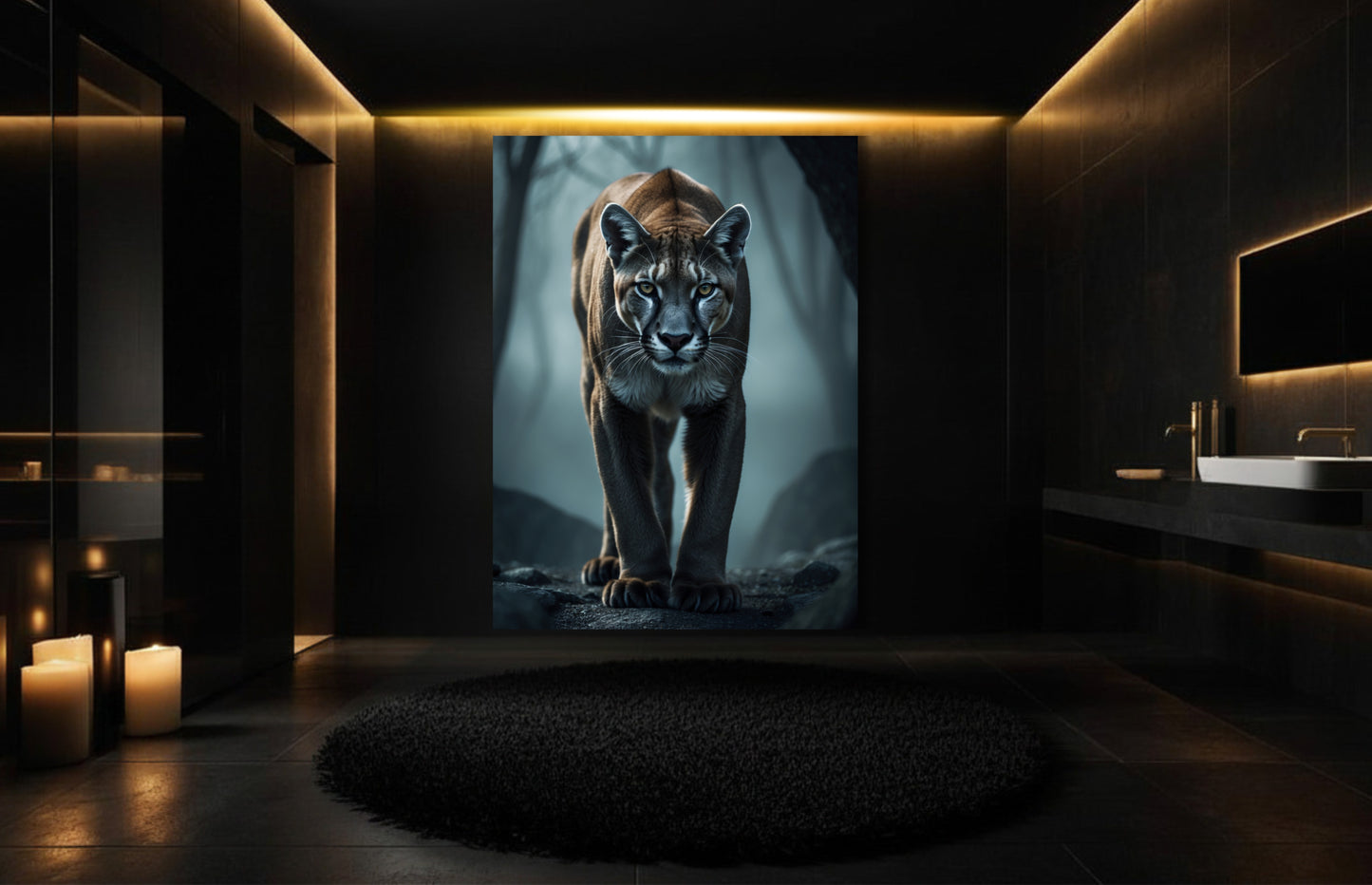 Puma Leinwandkunst in ruhiger Bewegung in luxuriösem Badezimmer mit dunkler Architektur und warmgoldenem Kerzenlicht