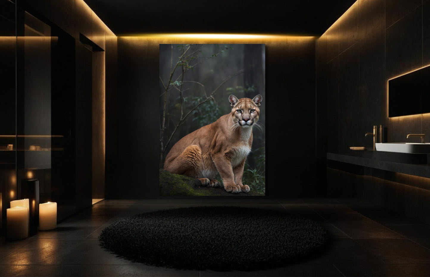 Puma Leinwandbild in elegantem Badezimmer mit dunklen Materialien und warmer indirekter Beleuchtung