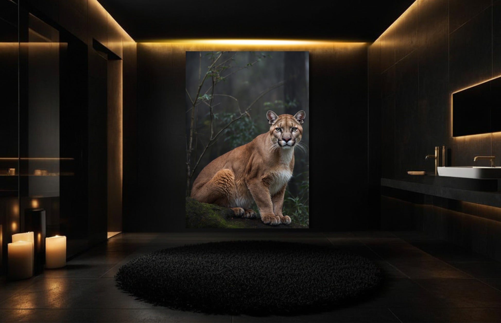 Puma Leinwandbild in elegantem Badezimmer mit dunklen Materialien und warmer indirekter Beleuchtung