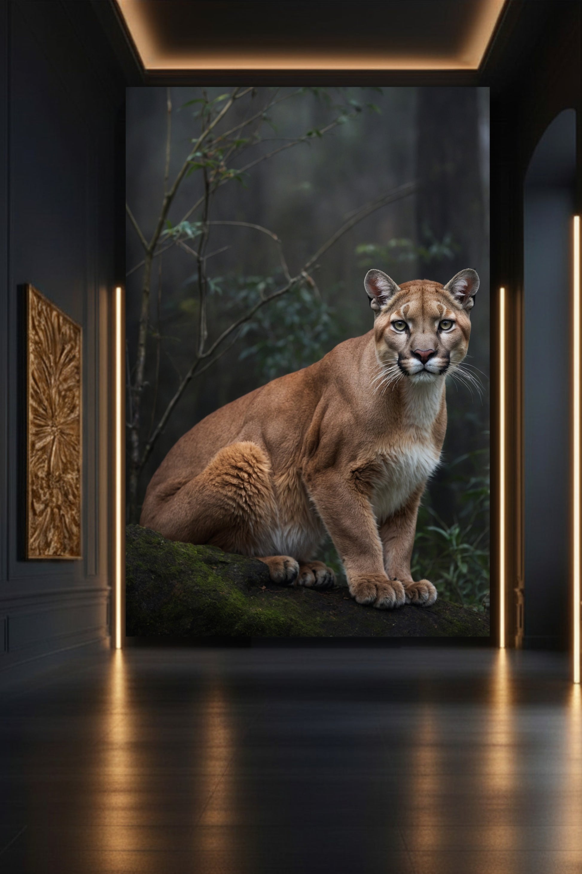 Puma im Nebelwald als Leinwand in stilvoller Galerie mit dunkler Wand und warmem Licht – hochwertige Tierkunst mit klarer, intensiver Ausstrahlung