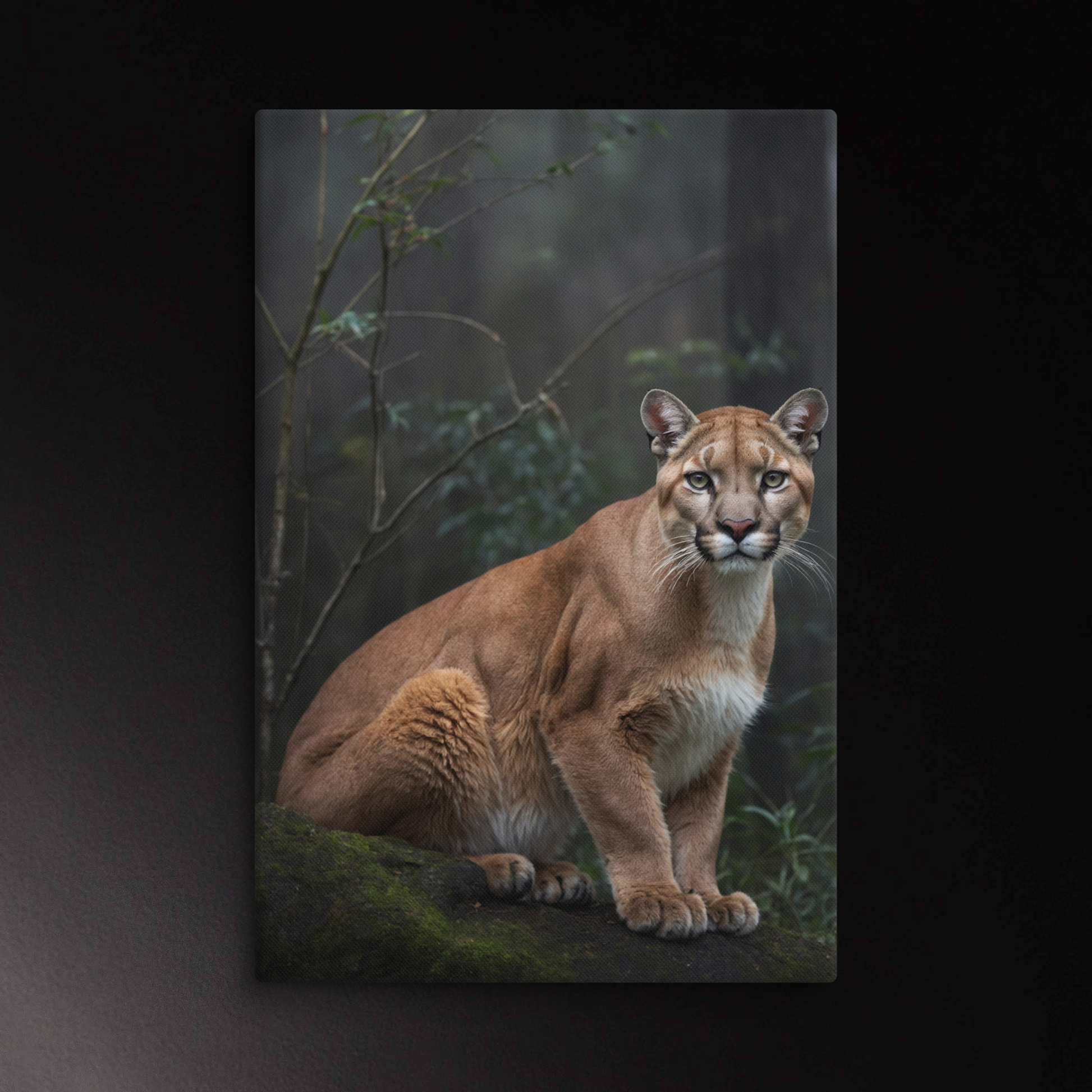 Puma im nebligen Wald als hochwertige Wandkunst auf Leinwand mit ruhiger, intensiver Ausstrahlung
